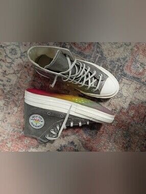 Converse Gray High Top Sneakers with Rainbow Gradient Sole